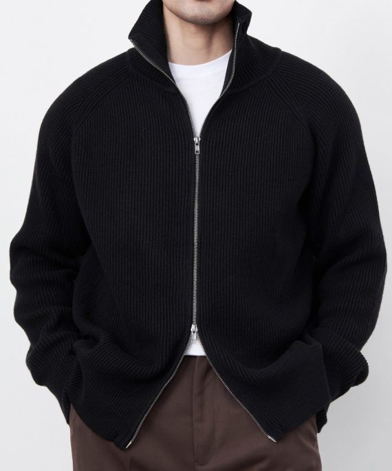 Classy Black Zip Up Cozy Solid Knit Men Coat Spring