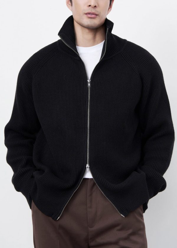 Classy Black Zip Up Cozy Solid Knit Men Coat Spring