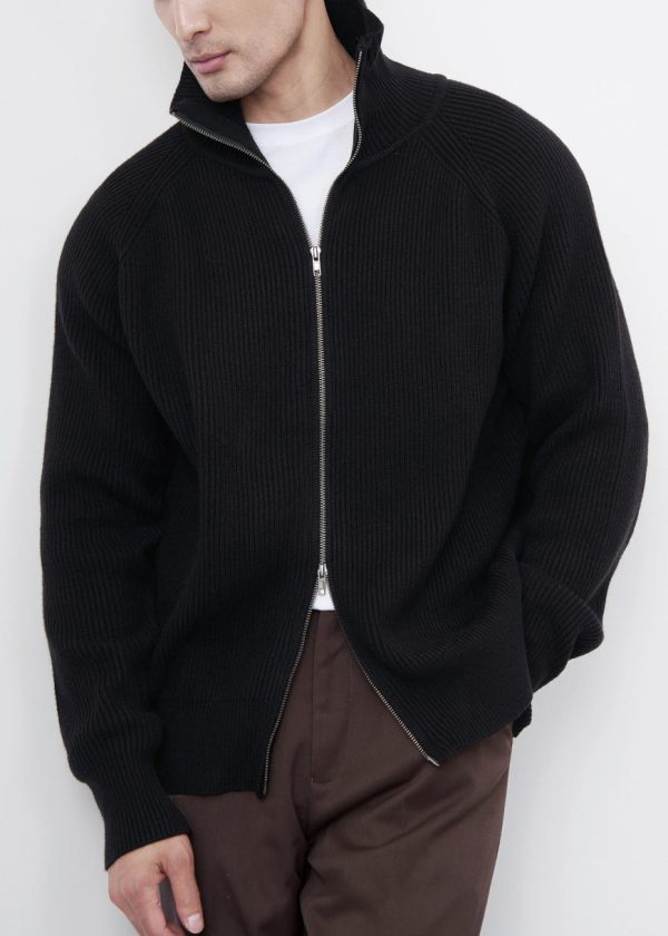 Classy Black Zip Up Cozy Solid Knit Men Coat Spring - Image 3