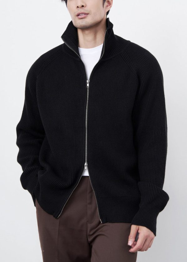 Classy Black Zip Up Cozy Solid Knit Men Coat Spring - Image 4