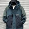 Classy Blue Hooded Drawstring Patchwork Cotton Mens Coats Spring