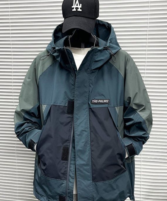 Classy Blue Hooded Drawstring Patchwork Cotton Mens Coats Spring