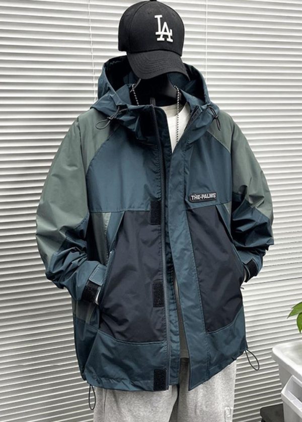 Classy Blue Hooded Drawstring Patchwork Cotton Mens Coats Spring - Image 4