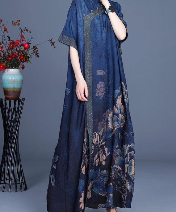 Classy Blue Print Patchwork Oriental Long Dress Summer