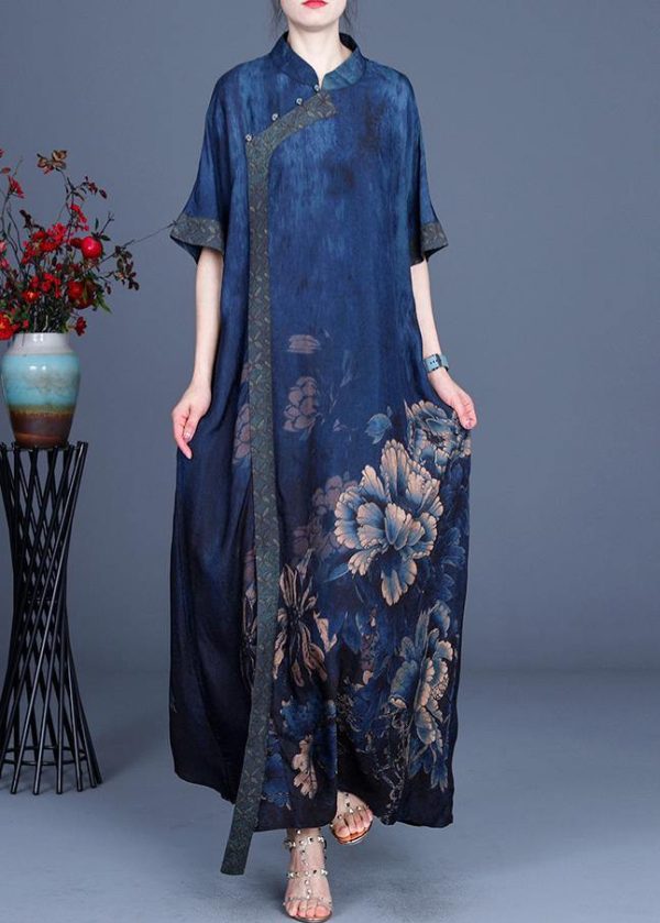 Classy Blue Print Patchwork Oriental Long Dress Summer - Image 2