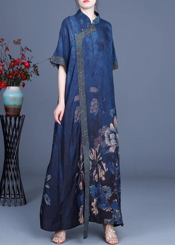 Classy Blue Print Patchwork Oriental Long Dress Summer - Image 3