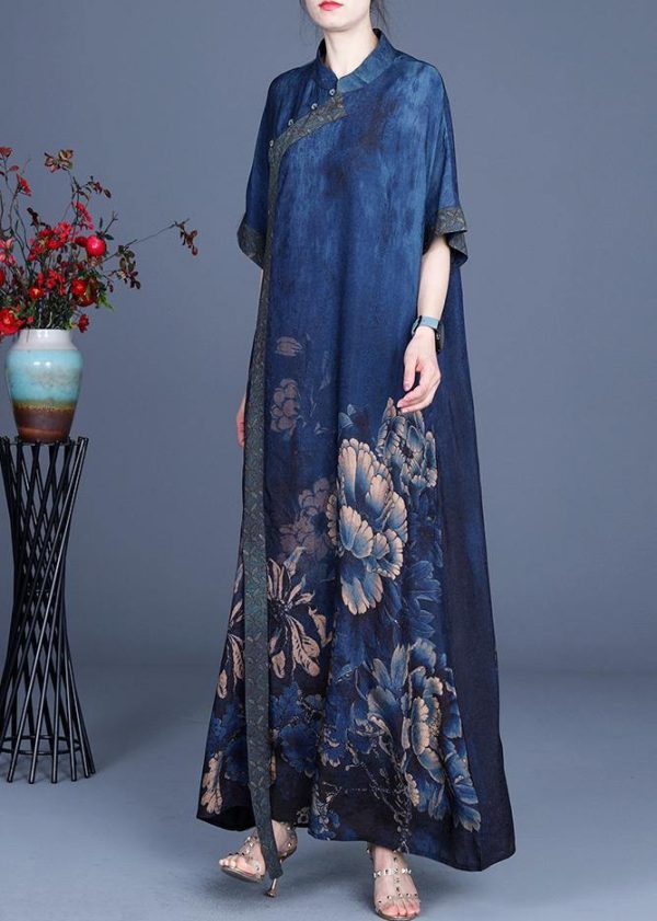 Classy Blue Print Patchwork Oriental Long Dress Summer - Image 4