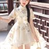 Classy Champagne Embroideried Tunic Low High Design Tulle Kids Long Dress Short Sleeve