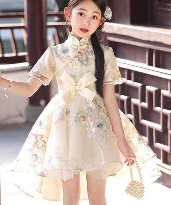 Classy Champagne Embroideried Tunic Low High Design Tulle Kids Long Dress Short Sleeve
