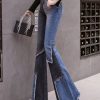 Classy Colorblock Asymmetrical Patchwork Denim Flared Trousers Spring