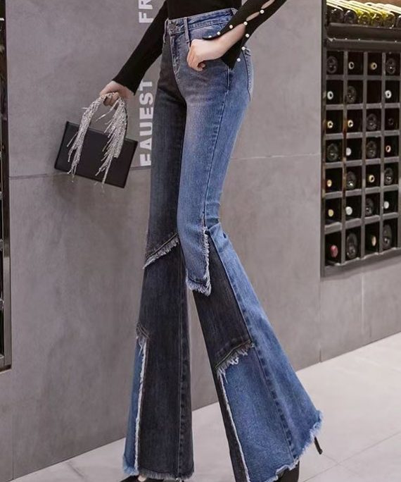 Classy Colorblock Asymmetrical Patchwork Denim Flared Trousers Spring