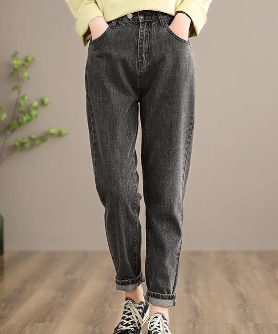 Classy Denim Black Pants Spring Elastic Waist Photography Wild Trousers