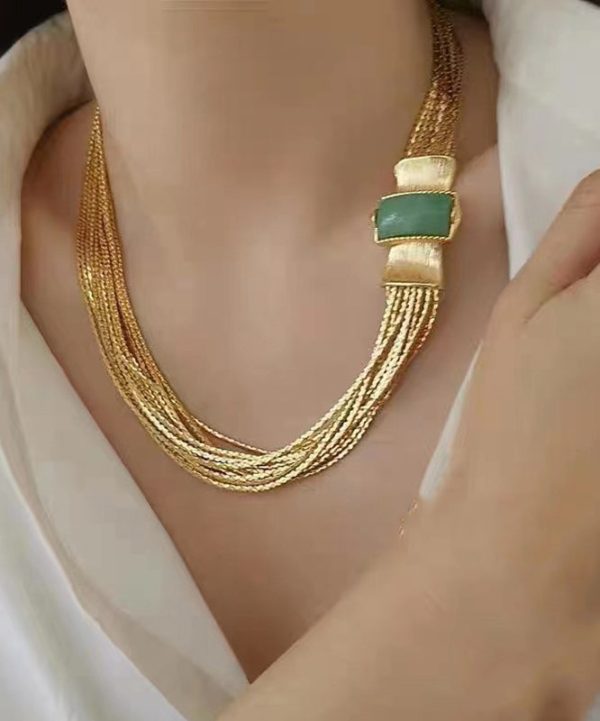 Classy Gold Layered Weave Jade Collar Necklace - Image 2