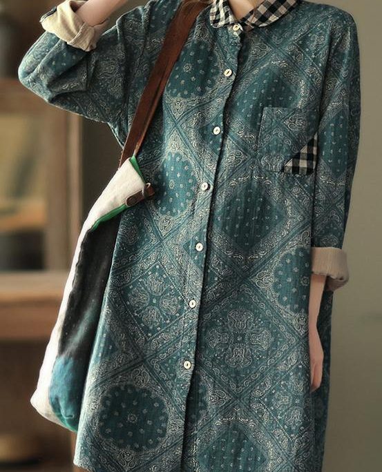 Classy Green Plaid Shirts Women Lapel Pockets Baggy Spring Tops