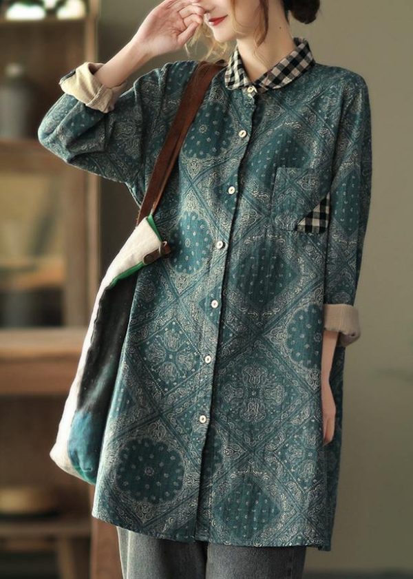 Classy Green Plaid Shirts Women Lapel Pockets Baggy Spring Tops - Image 2