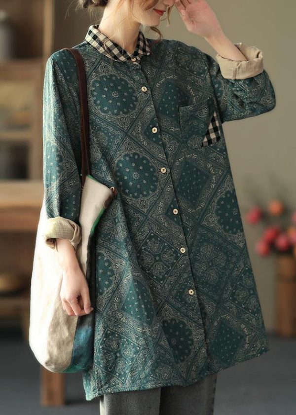 Classy Green Plaid Shirts Women Lapel Pockets Baggy Spring Tops - Image 4