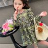 Classy Green Ruffled Patchwork Girls Maxi Dress Long Sleeve