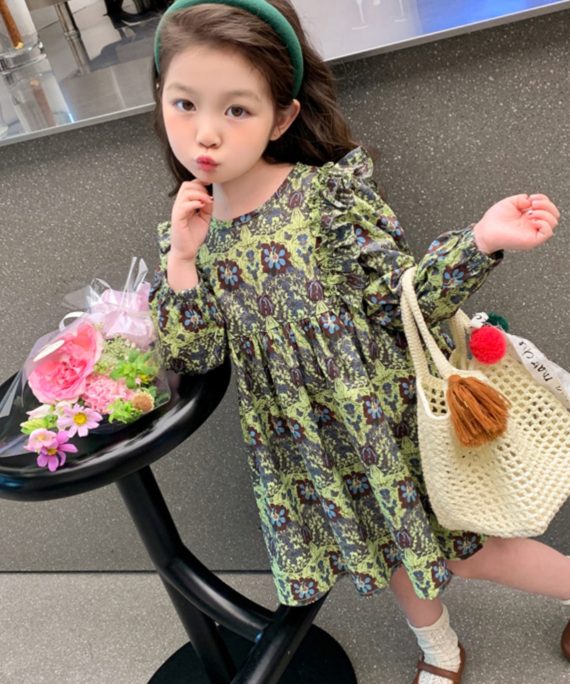 Classy Green Ruffled Patchwork Girls Maxi Dress Long Sleeve