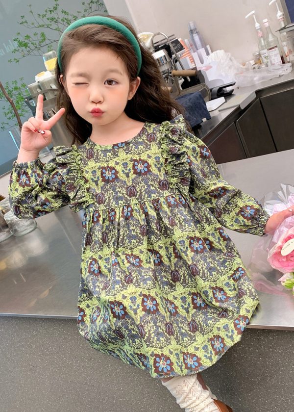 Classy Green Ruffled Patchwork Girls Maxi Dress Long Sleeve - Image 4