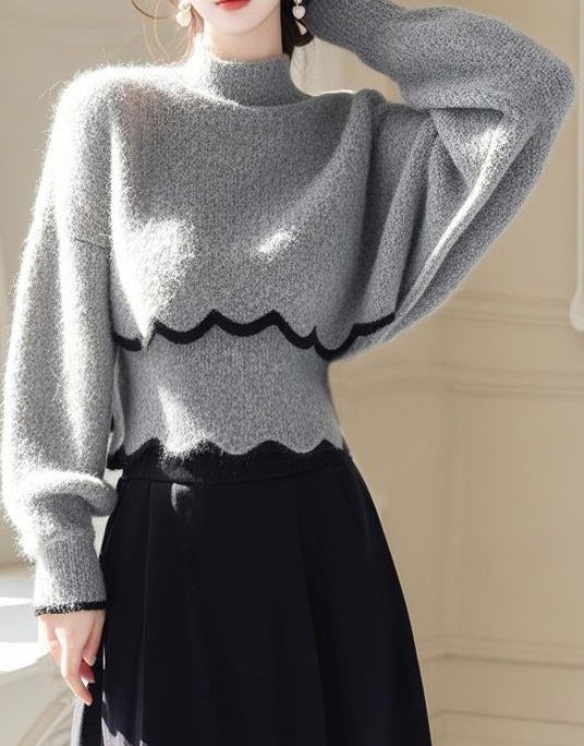 Classy Grey Hign Neck Knit Sweaters Batwing Sleeve