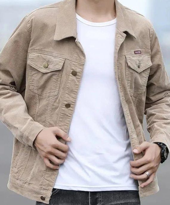 Classy Khaki Peter Pan Collar Button Corduroy Mens Coats Spring