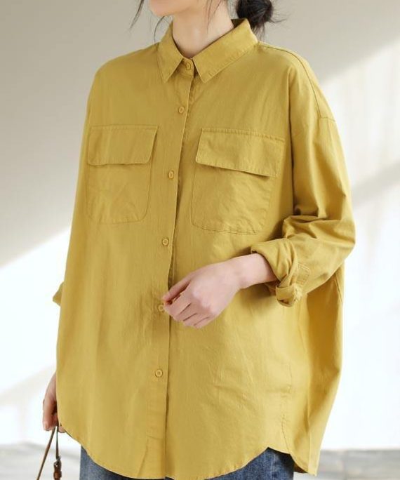 Classy Lapel Pockets Spring Top Silhouette Wardrobes Yellow Shirts