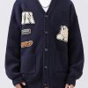 Classy Navy V Neck Pockets Applique Knit Mens Coats Spring