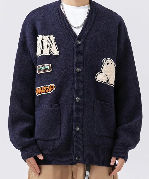 Classy Navy V Neck Pockets Applique Knit Mens Coats Spring