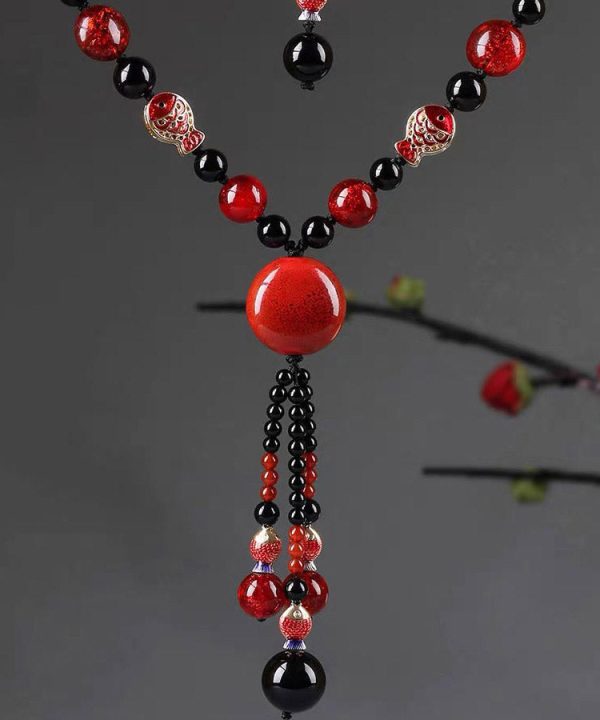 Classy Red Agate Coloured Glaze Cloisonne Pendant Necklace - Image 4