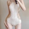 Classy Sexy Beige Hollow Out Solid Bodysuit