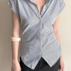 Classy Striped Peter Pan Collar Button Cotton Blouses Summer