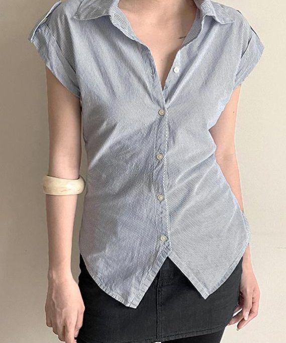 Classy Striped Peter Pan Collar Button Cotton Blouses Summer
