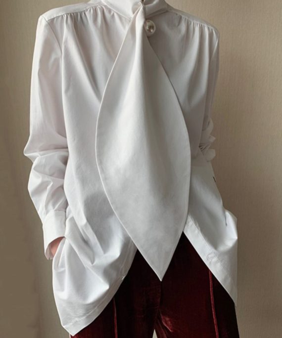 Classy White Bow Patchwork Cotton Shirts Spring