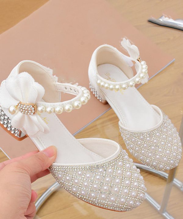 Classy White Pearl Zircon Buckle Strap Kids Sandals - Image 3