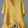 Classy Yellow V Neck Side Open Linen Shirt Top Summer
