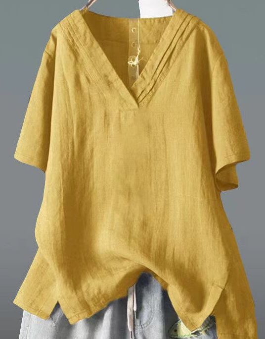 Classy Yellow V Neck Side Open Linen Shirt Top Summer
