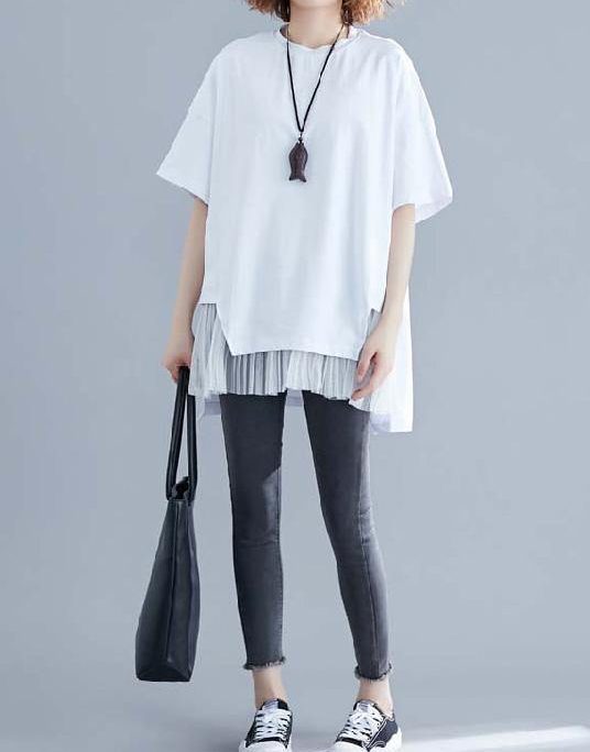 Classy white linen top silhouette Inspiration o neck patchwork summer blouse