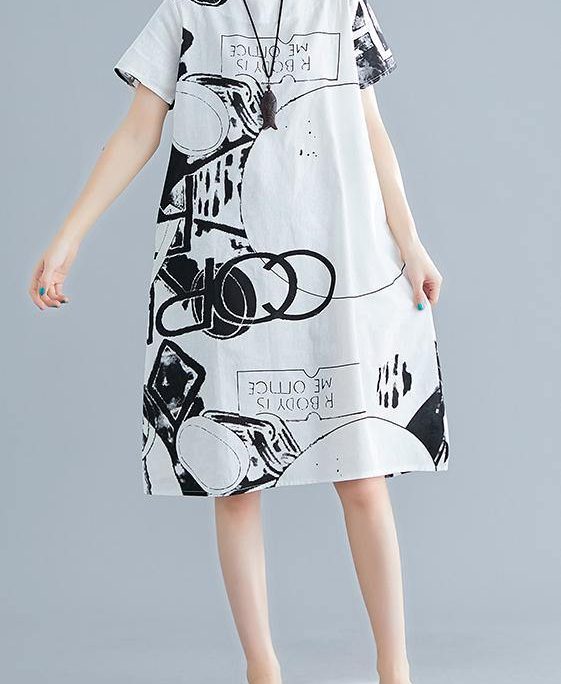 Classy white print linen Wardrobes o neck short sleeve shift summer Dress