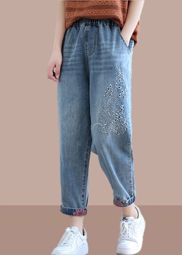 Classy Denim Blue Pant Spring Elastic Waist Embroidery Work Outfits Women Trousers - Image 2