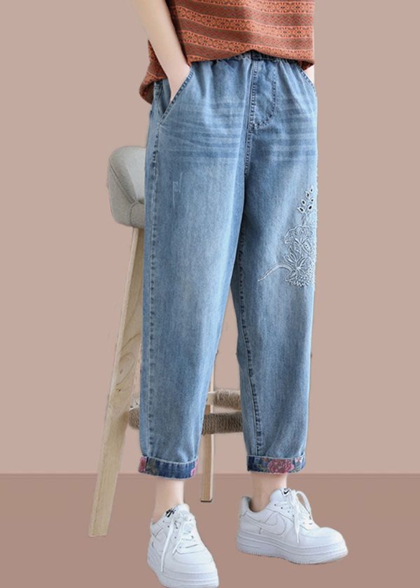 Classy Denim Blue Pant Spring Elastic Waist Embroidery Work Outfits Women Trousers - Image 3