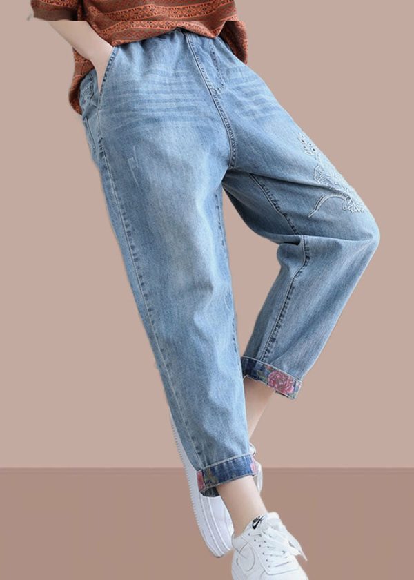 Classy Denim Blue Pant Spring Elastic Waist Embroidery Work Outfits Women Trousers - Image 4