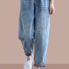 Classy Denim Blue Pant Spring Elastic Waist Embroidery Work Outfits Women Trousers
