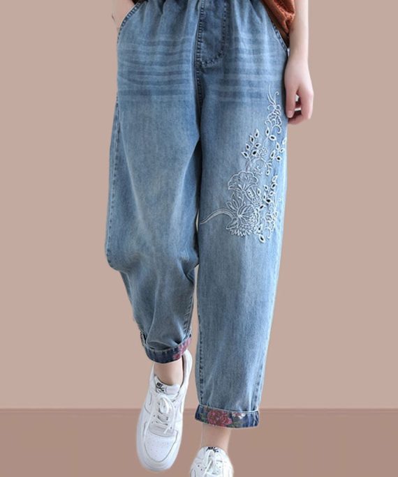Classy Denim Blue Pant Spring Elastic Waist Embroidery Work Outfits Women Trousers