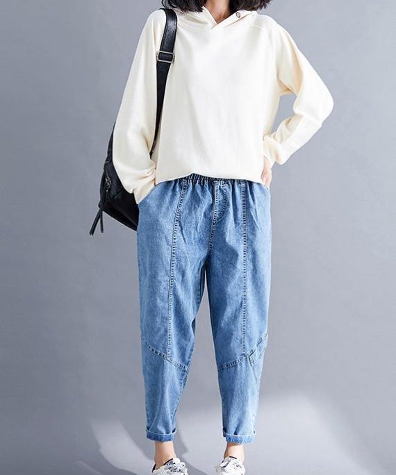 Classy Spring Women Pants Fashion Denim Blue Photography Elastic Waist Patchwork Pant