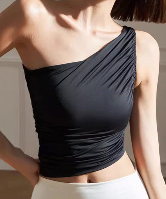 Club Black One Shoulder Solid Yoga Tank Tops