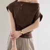 Coffee Solid Cotton Summer T Shirts Cold Shoulder