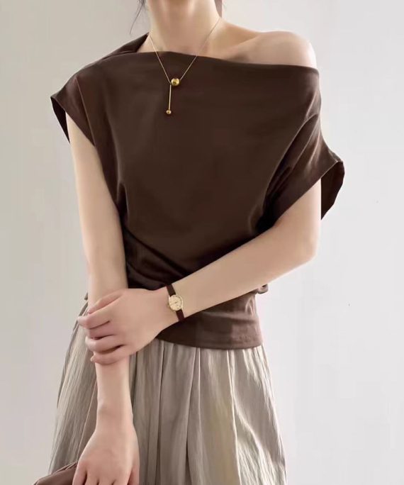 Coffee Solid Cotton Summer T Shirts Cold Shoulder