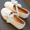 Comfy Beige Faux Leather Kids Girls Flats Bow Nail Bead Buckle Strap