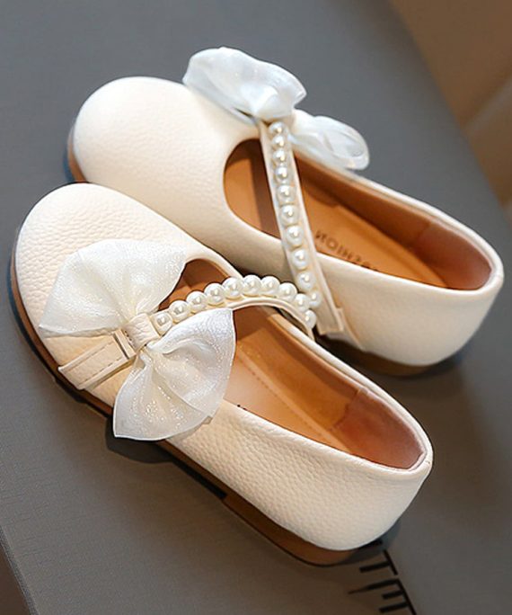 Comfy Beige Faux Leather Kids Girls Flats Bow Nail Bead Buckle Strap
