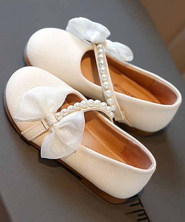 Comfy Beige Faux Leather Kids Girls Flats Bow Nail Bead Buckle Strap